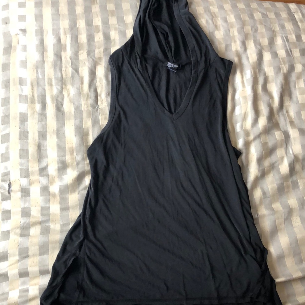A long black tank top with a hood on it